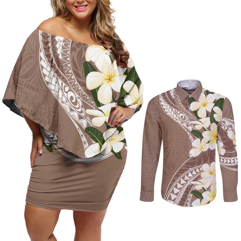 Aloha Hawaii Festive Couples Matching Off Shoulder Short Dress and Long Sleeve Button Shirt Frangipani Lace Classic - Beige