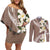 Aloha Hawaii Festive Couples Matching Off Shoulder Short Dress and Long Sleeve Button Shirt Frangipani Lace Classic - Beige