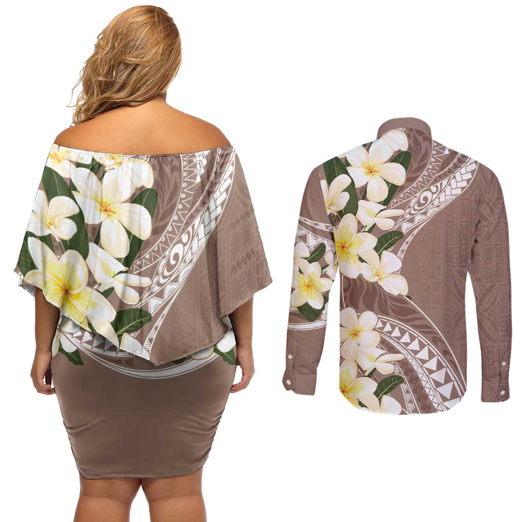 Aloha Hawaii Festive Couples Matching Off Shoulder Short Dress and Long Sleeve Button Shirt Frangipani Lace Classic - Beige