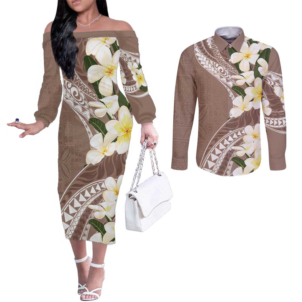 Aloha Hawaii Festive Couples Matching Off The Shoulder Long Sleeve Dress and Long Sleeve Button Shirt Frangipani Lace Classic - Beige