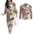 Aloha Hawaii Festive Couples Matching Off The Shoulder Long Sleeve Dress and Long Sleeve Button Shirt Frangipani Lace Classic - Beige
