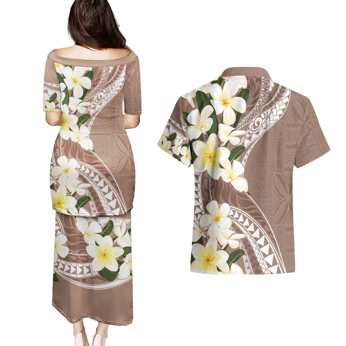 Aloha Hawaii Festive Couples Matching Puletasi and Hawaiian Shirt Frangipani Lace Classic - Beige