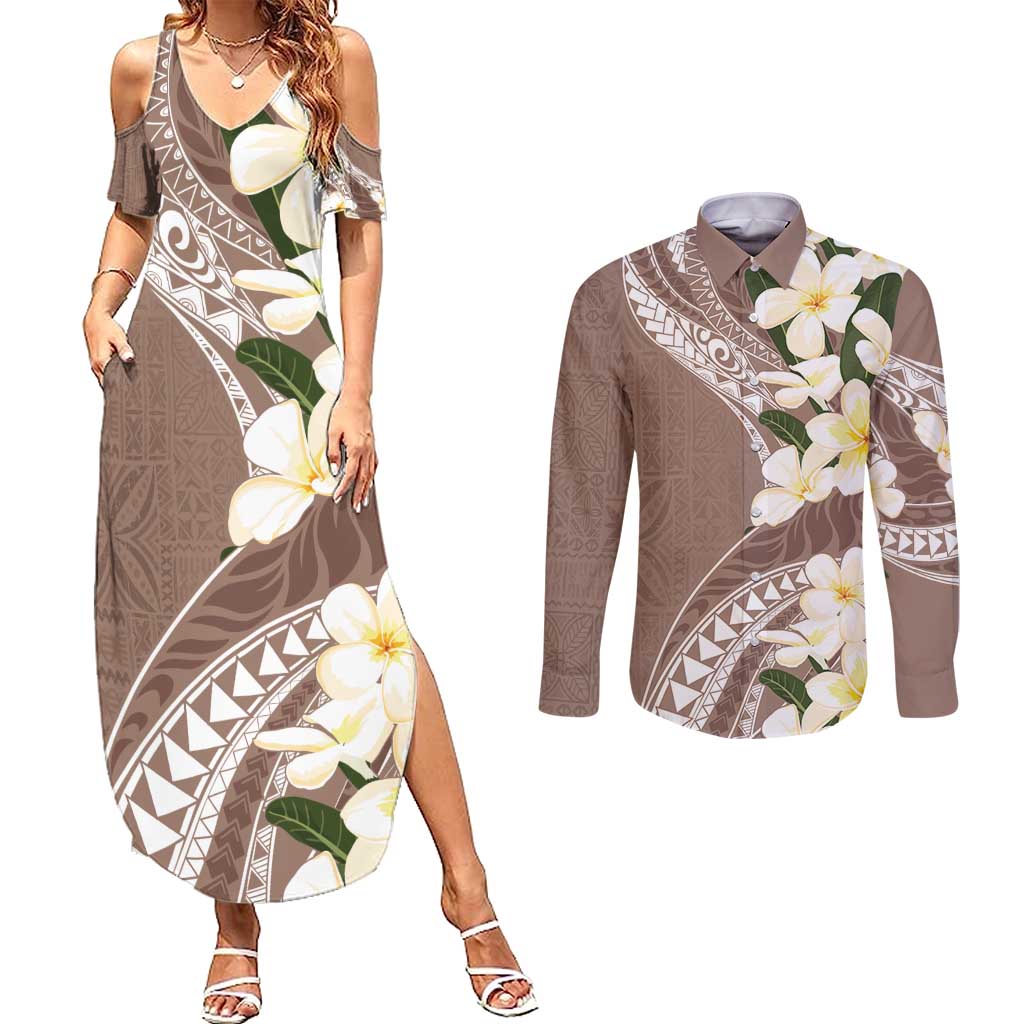 Aloha Hawaii Festive Couples Matching Summer Maxi Dress and Long Sleeve Button Shirt Frangipani Lace Classic - Beige