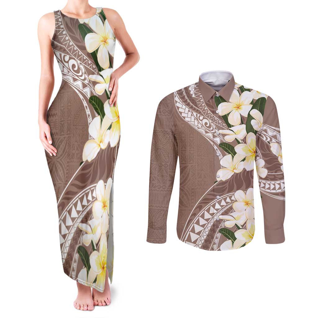 Aloha Hawaii Festive Couples Matching Tank Maxi Dress and Long Sleeve Button Shirt Frangipani Lace Classic - Beige