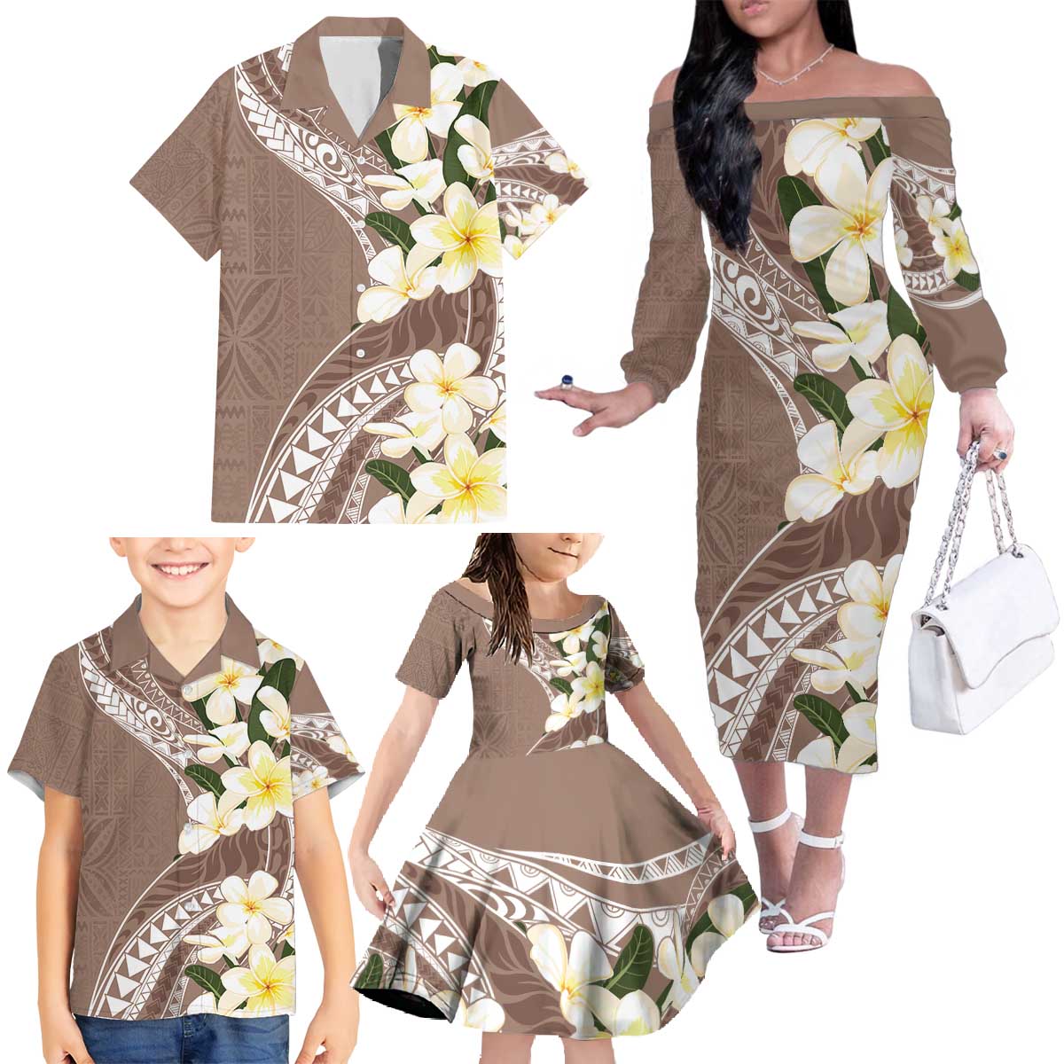 Aloha Hawaii Festive Family Matching Off The Shoulder Long Sleeve Dress and Hawaiian Shirt Frangipani Lace Classic - Beige LT7 - Polynesian Pride