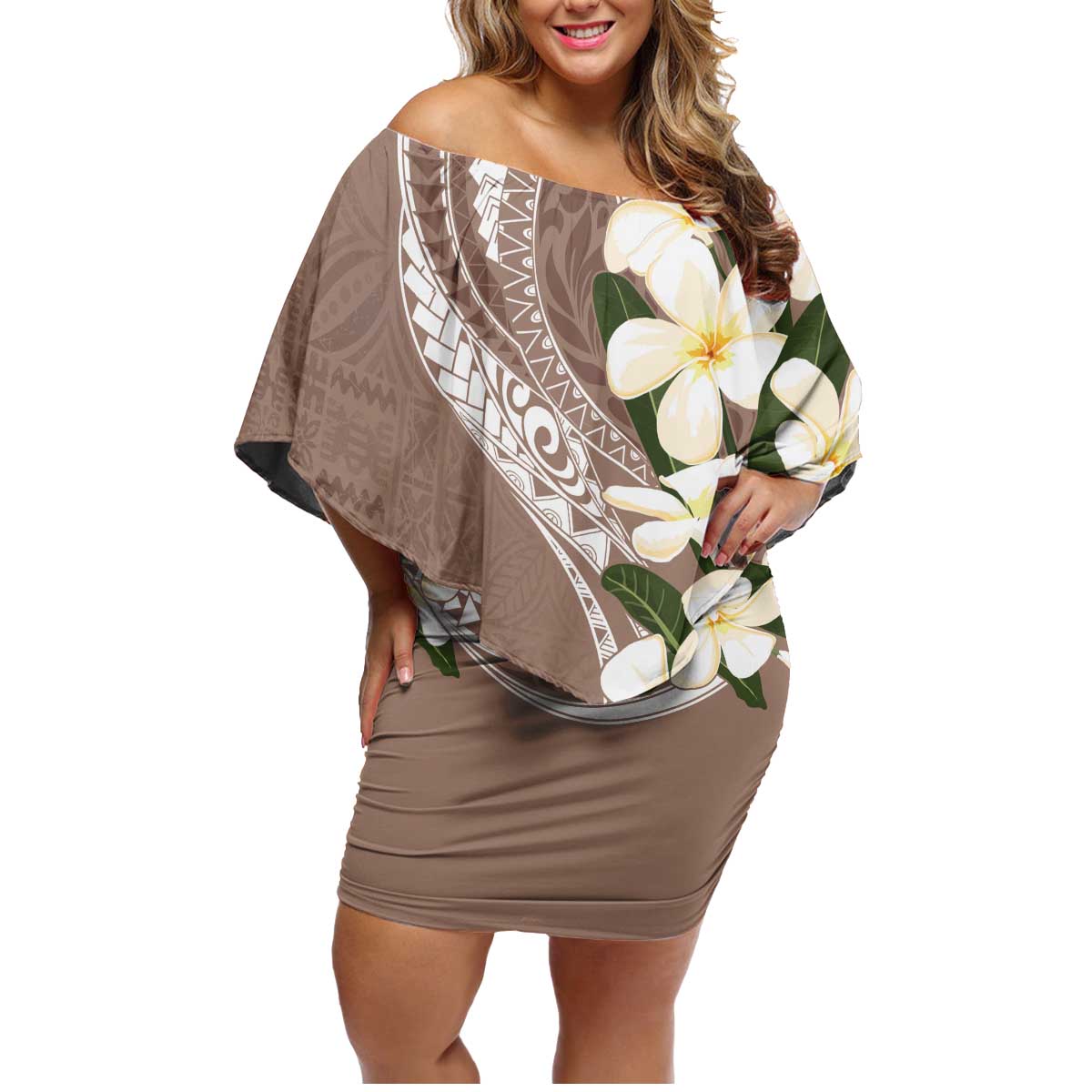 Aloha Hawaii Festive Family Matching Off Shoulder Short Dress and Hawaiian Shirt Frangipani Lace Classic - Beige LT7 Mom's Dress Beige - Polynesian Pride