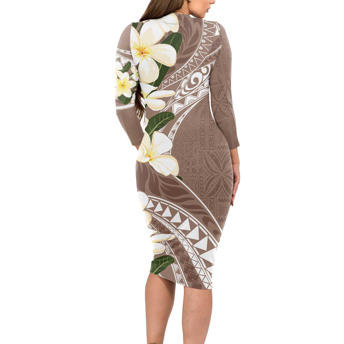 Aloha Hawaii Festive Long Sleeve Bodycon Dress Frangipani Lace Classic - Beige