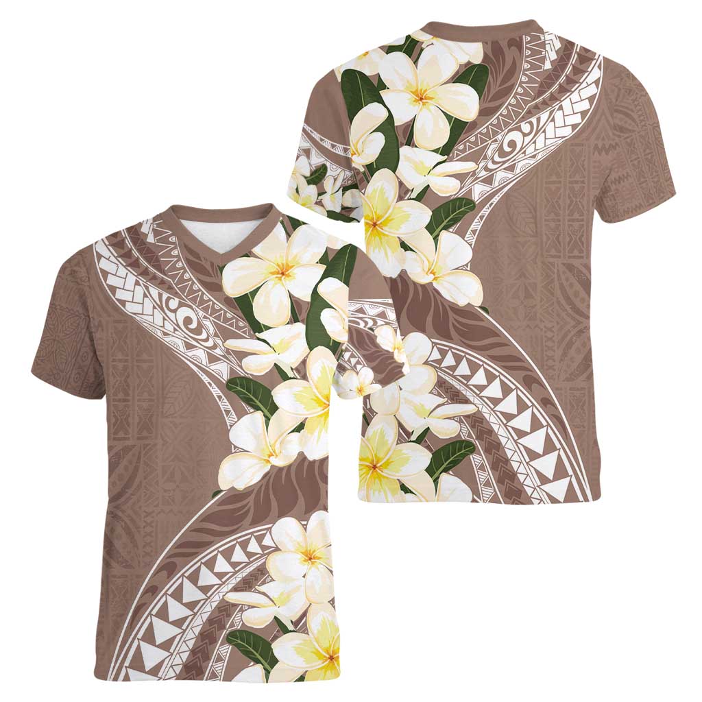 Aloha Hawaii Festive Women V-Neck T-Shirt Frangipani Lace Classic - Beige