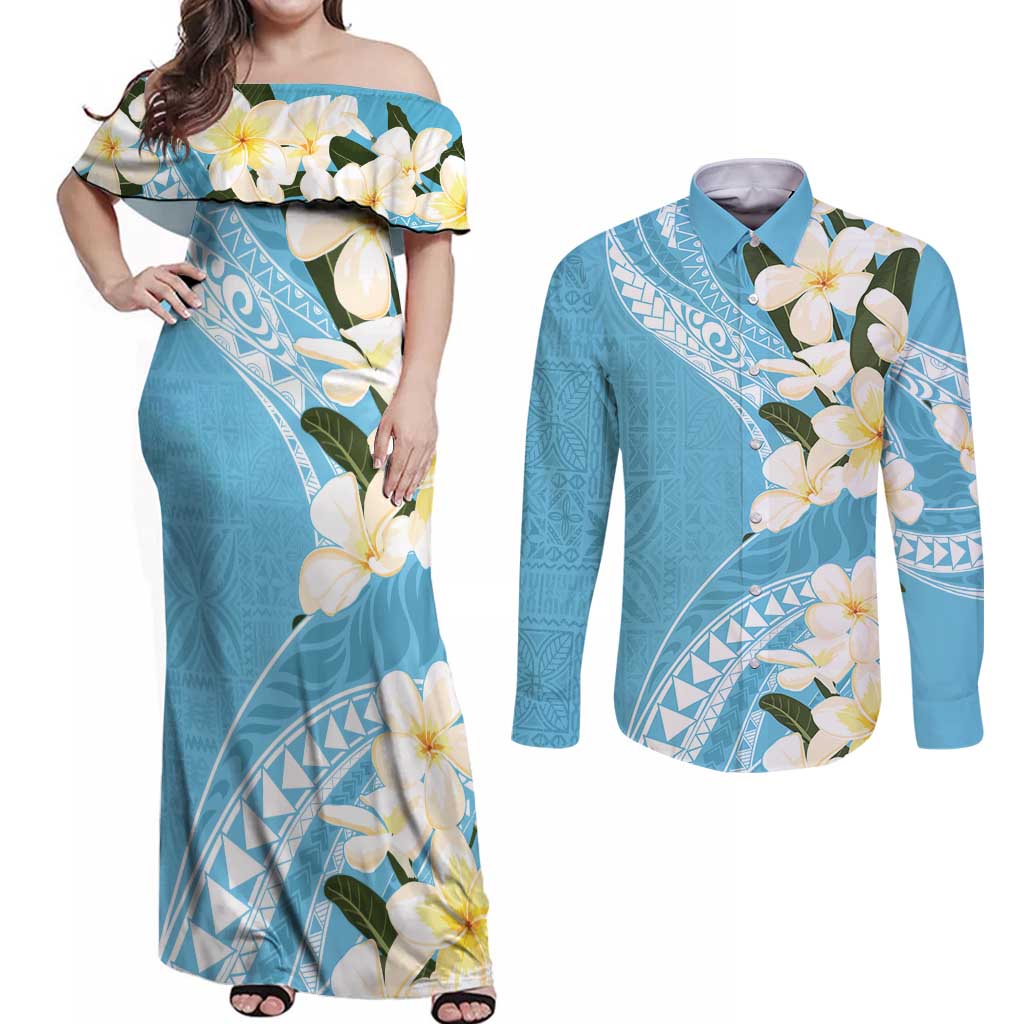 Aloha Hawaii Festive Couples Matching Off Shoulder Maxi Dress and Long Sleeve Button Shirt Frangipani Lace Classic - Turquoise