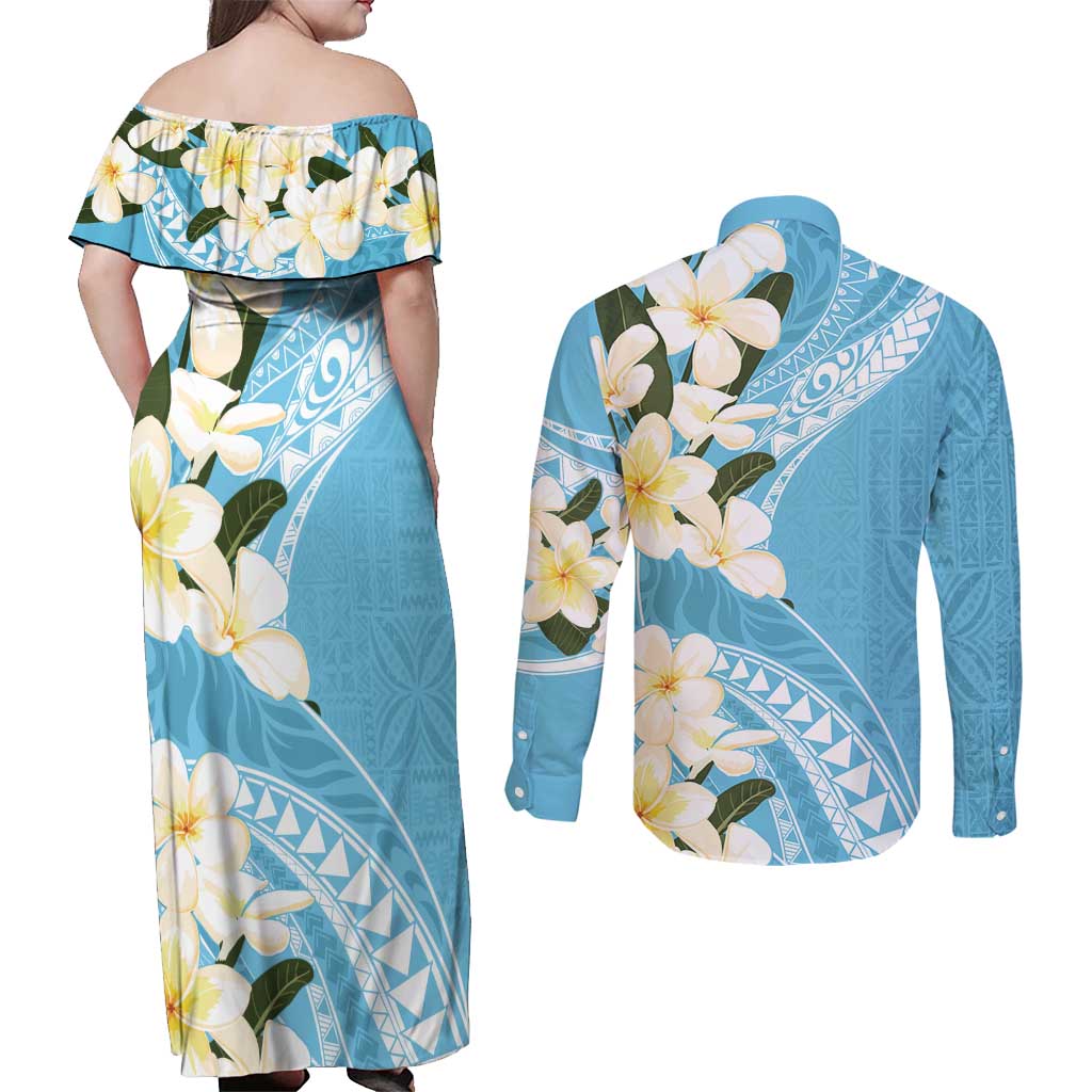 Aloha Hawaii Festive Couples Matching Off Shoulder Maxi Dress and Long Sleeve Button Shirt Frangipani Lace Classic - Turquoise