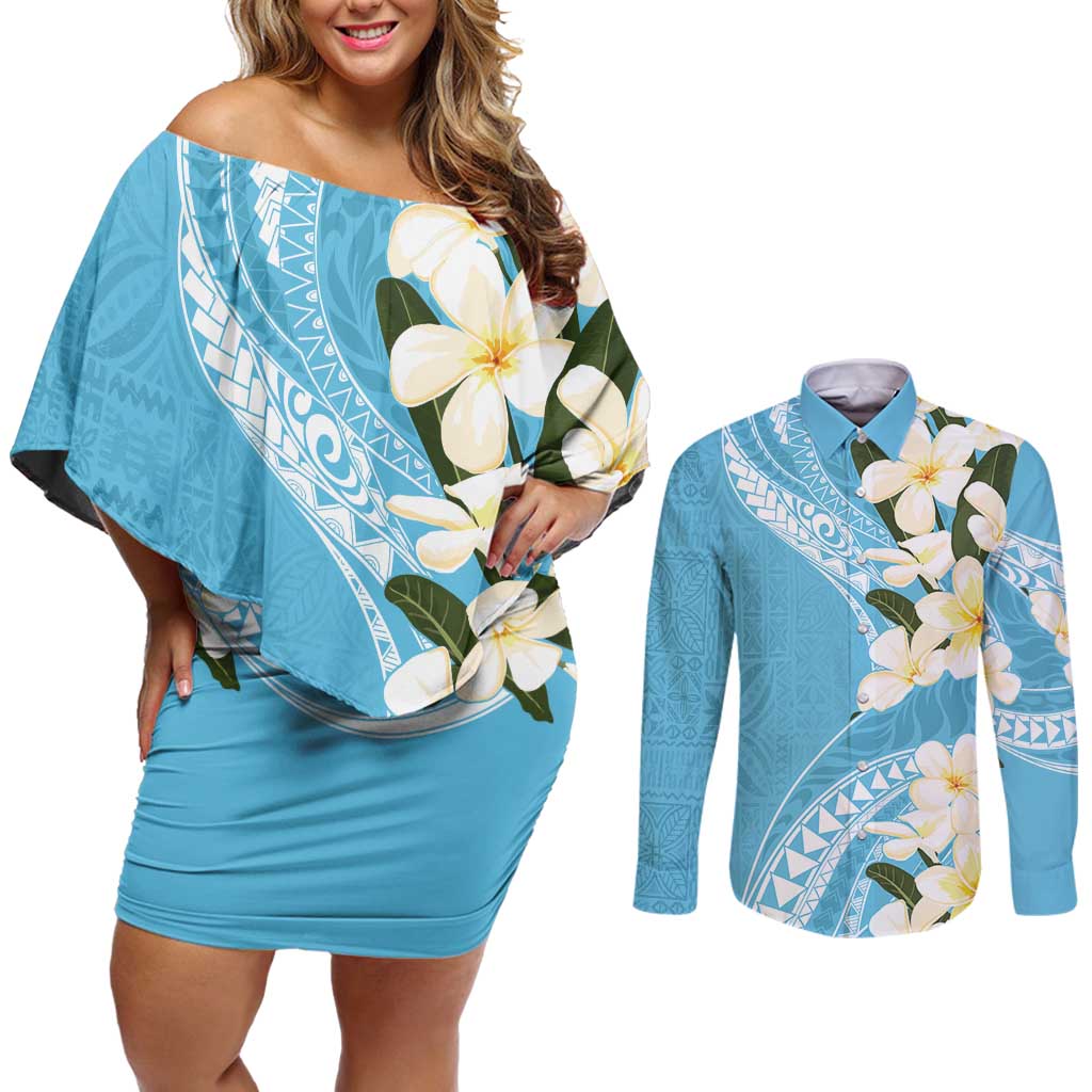 Aloha Hawaii Festive Couples Matching Off Shoulder Short Dress and Long Sleeve Button Shirt Frangipani Lace Classic - Turquoise