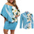 Aloha Hawaii Festive Couples Matching Off Shoulder Short Dress and Long Sleeve Button Shirt Frangipani Lace Classic - Turquoise