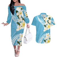 Aloha Hawaii Festive Couples Matching Off The Shoulder Long Sleeve Dress and Hawaiian Shirt Frangipani Lace Classic - Turquoise LT7 Turquoise - Polynesian Pride