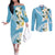 Aloha Hawaii Festive Couples Matching Off The Shoulder Long Sleeve Dress and Long Sleeve Button Shirt Frangipani Lace Classic - Turquoise
