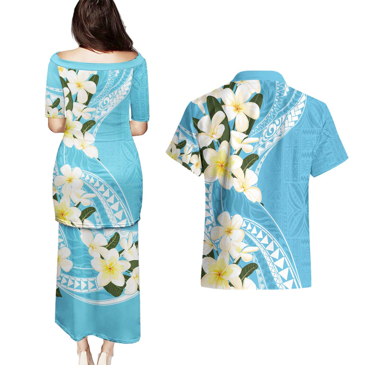 Aloha Hawaii Festive Couples Matching Puletasi and Hawaiian Shirt Frangipani Lace Classic - Turquoise