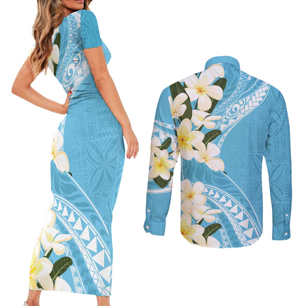 Aloha Hawaii Festive Couples Matching Short Sleeve Bodycon Dress and Long Sleeve Button Shirt Frangipani Lace Classic - Turquoise