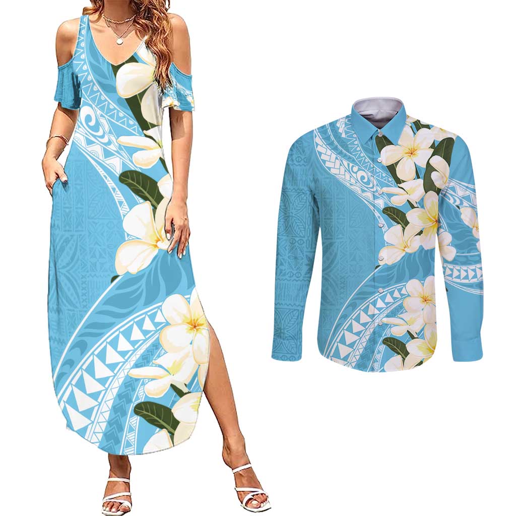 Aloha Hawaii Festive Couples Matching Summer Maxi Dress and Long Sleeve Button Shirt Frangipani Lace Classic - Turquoise