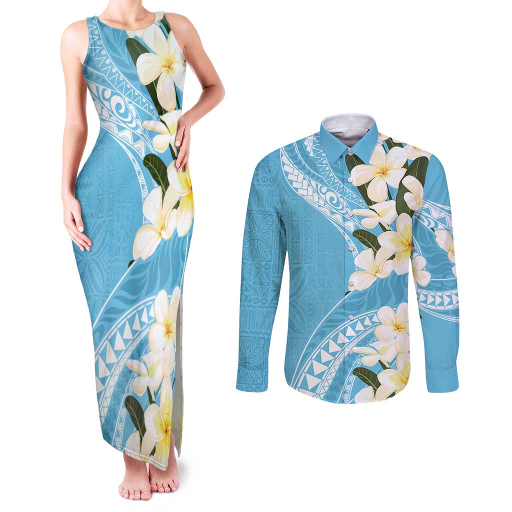 Aloha Hawaii Festive Couples Matching Tank Maxi Dress and Long Sleeve Button Shirt Frangipani Lace Classic - Turquoise