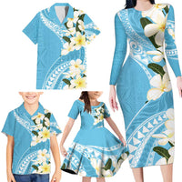 Aloha Hawaii Festive Family Matching Long Sleeve Bodycon Dress and Hawaiian Shirt Frangipani Lace Classic - Turquoise LT7 - Polynesian Pride
