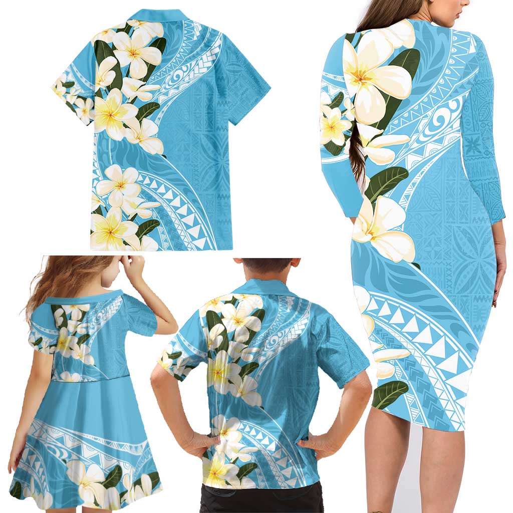 Aloha Hawaii Festive Family Matching Long Sleeve Bodycon Dress and Hawaiian Shirt Frangipani Lace Classic - Turquoise LT7 - Polynesian Pride