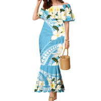 Aloha Hawaii Festive Family Matching Mermaid Dress and Hawaiian Shirt Frangipani Lace Classic - Turquoise LT7 Mom's Dress Turquoise - Polynesian Pride