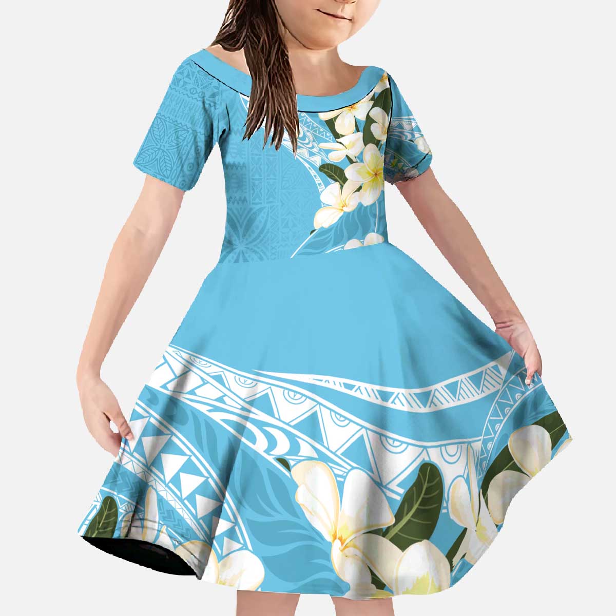 Aloha Hawaii Festive Family Matching Off The Shoulder Long Sleeve Dress and Hawaiian Shirt Frangipani Lace Classic - Turquoise LT7 Daughter's Dress Turquoise - Polynesian Pride