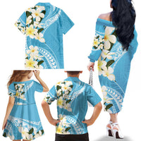 Aloha Hawaii Festive Family Matching Off The Shoulder Long Sleeve Dress and Hawaiian Shirt Frangipani Lace Classic - Turquoise LT7 - Polynesian Pride