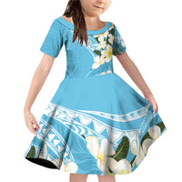 Aloha Hawaii Festive Family Matching Off Shoulder Short Dress and Hawaiian Shirt Frangipani Lace Classic - Turquoise LT7 Daughter's Dress Turquoise - Polynesian Pride