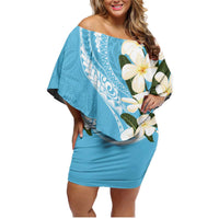 Aloha Hawaii Festive Family Matching Off Shoulder Short Dress and Hawaiian Shirt Frangipani Lace Classic - Turquoise LT7 Mom's Dress Turquoise - Polynesian Pride