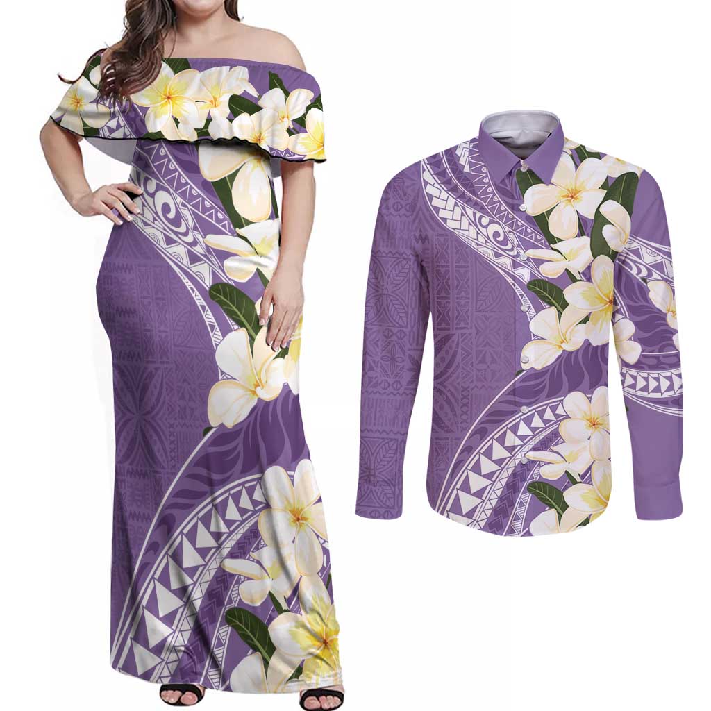 Aloha Hawaii Festive Couples Matching Off Shoulder Maxi Dress and Long Sleeve Button Shirt Frangipani Lace Classic - Lavender