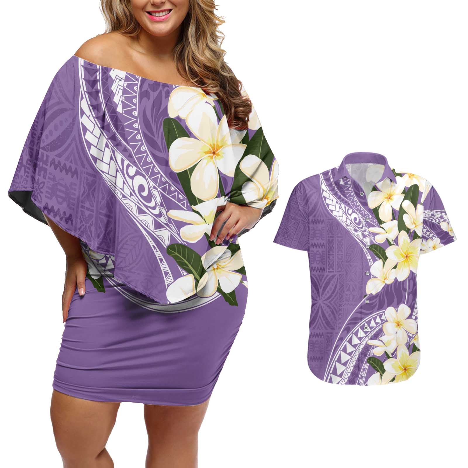 Aloha Hawaii Festive Couples Matching Off Shoulder Short Dress and Hawaiian Shirt Frangipani Lace Classic - Lavender