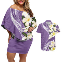 Aloha Hawaii Festive Couples Matching Off Shoulder Short Dress and Hawaiian Shirt Frangipani Lace Classic - Lavender