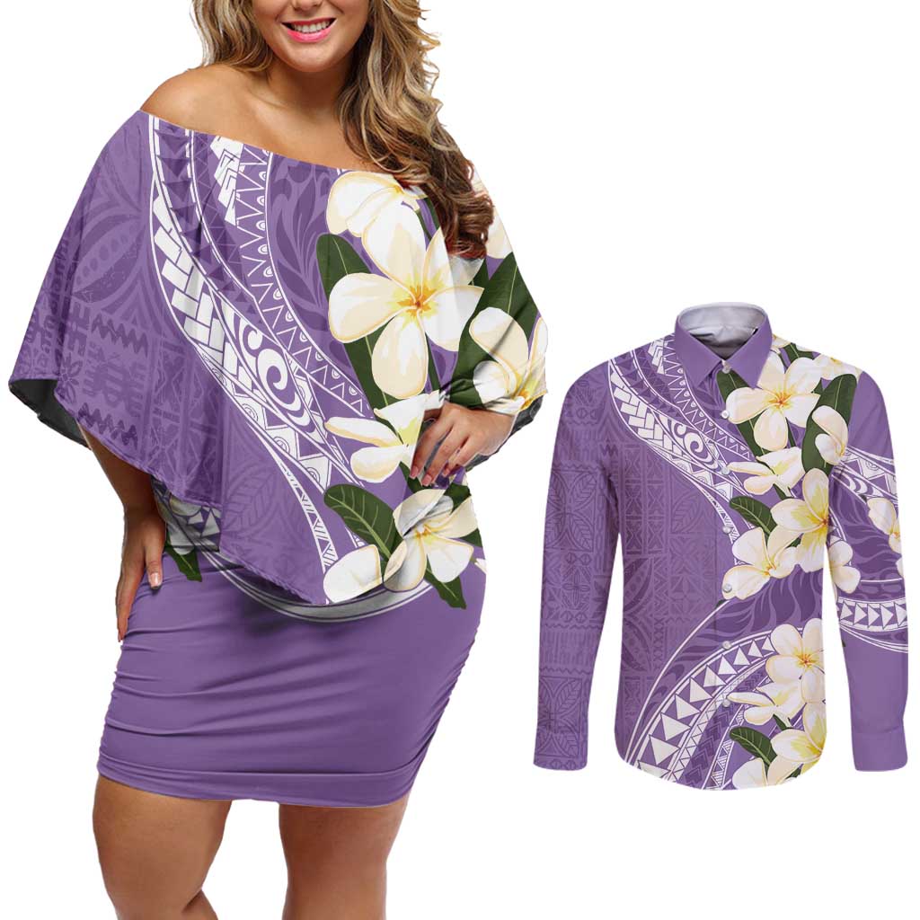Aloha Hawaii Festive Couples Matching Off Shoulder Short Dress and Long Sleeve Button Shirt Frangipani Lace Classic - Lavender