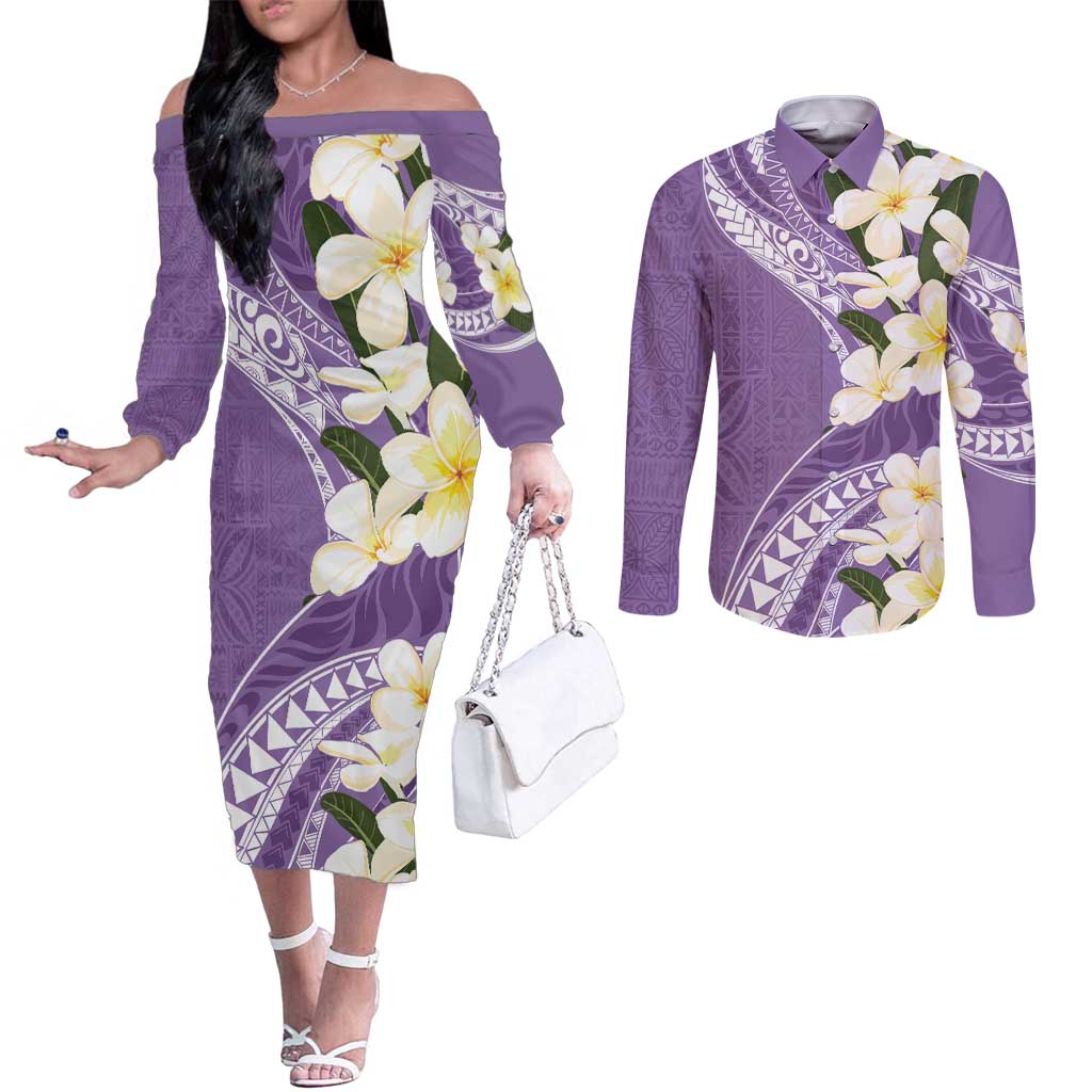 Aloha Hawaii Festive Couples Matching Off The Shoulder Long Sleeve Dress and Long Sleeve Button Shirt Frangipani Lace Classic - Lavender