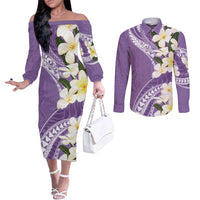 Aloha Hawaii Festive Couples Matching Off The Shoulder Long Sleeve Dress and Long Sleeve Button Shirt Frangipani Lace Classic - Lavender