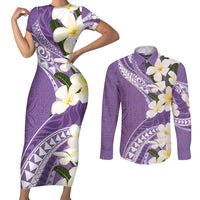 Aloha Hawaii Festive Couples Matching Short Sleeve Bodycon Dress and Long Sleeve Button Shirt Frangipani Lace Classic - Lavender