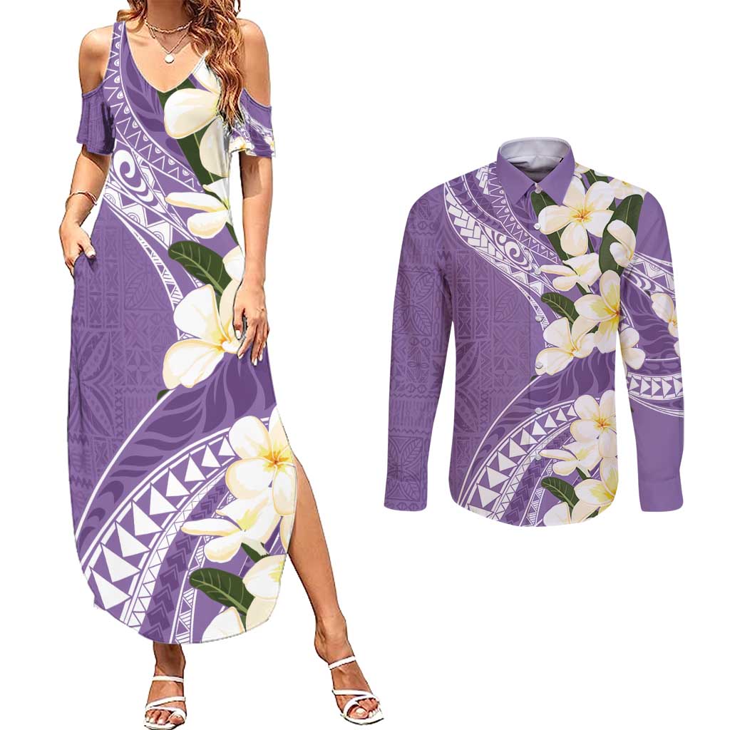 Aloha Hawaii Festive Couples Matching Summer Maxi Dress and Long Sleeve Button Shirt Frangipani Lace Classic - Lavender