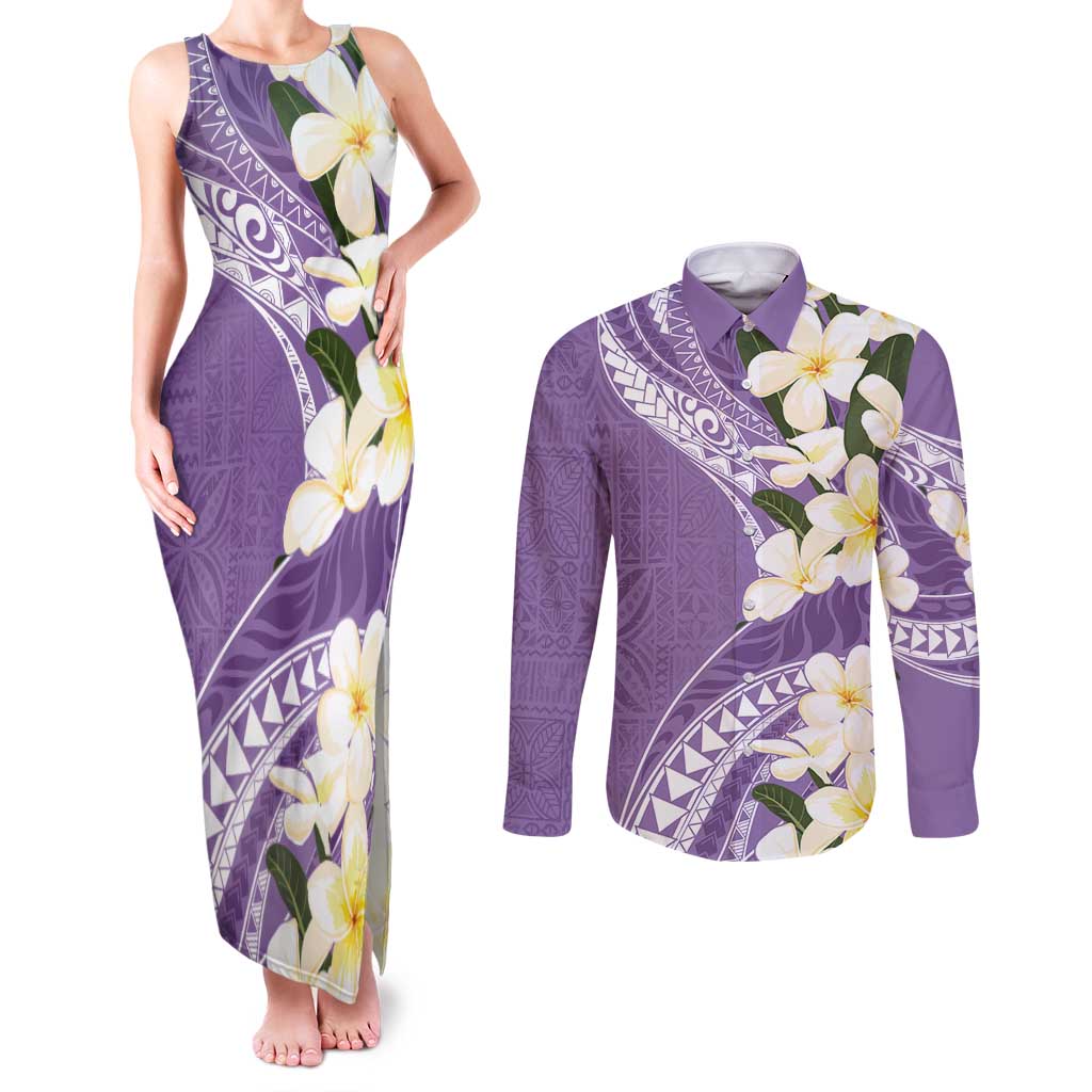 Aloha Hawaii Festive Couples Matching Tank Maxi Dress and Long Sleeve Button Shirt Frangipani Lace Classic - Lavender