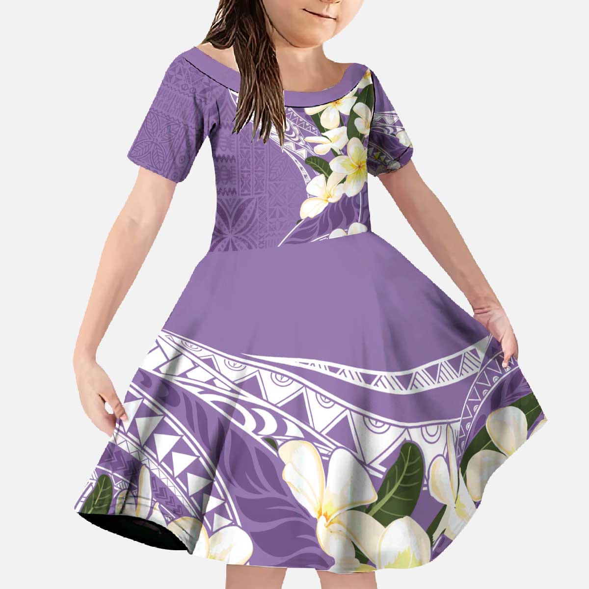 Aloha Hawaii Festive Family Matching Off The Shoulder Long Sleeve Dress and Hawaiian Shirt Frangipani Lace Classic - Lavender LT7 Daughter's Dress Lavender - Polynesian Pride