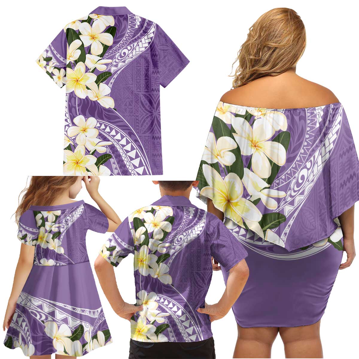 Aloha Hawaii Festive Family Matching Off Shoulder Short Dress and Hawaiian Shirt Frangipani Lace Classic - Lavender LT7 - Polynesian Pride
