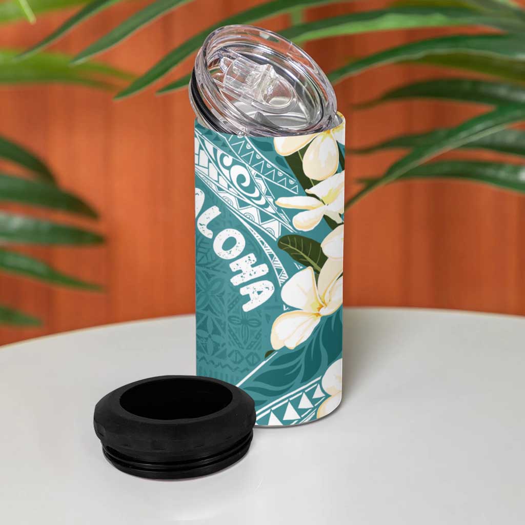 Aloha Hawaii Festive 4 in 1 Can Cooler Tumbler Frangipani Lace Classic - Teal
