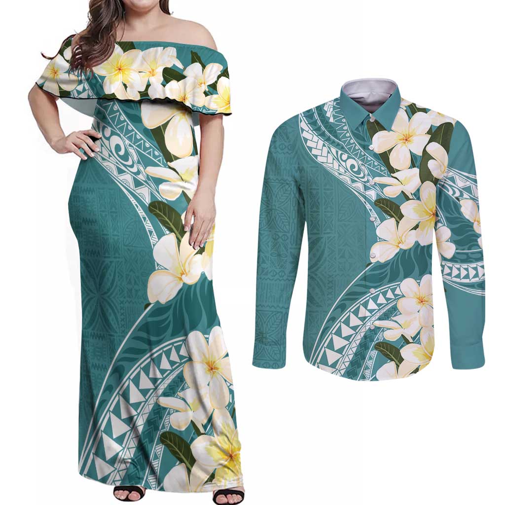Aloha Hawaii Festive Couples Matching Off Shoulder Maxi Dress and Long Sleeve Button Shirt Frangipani Lace Classic - Teal