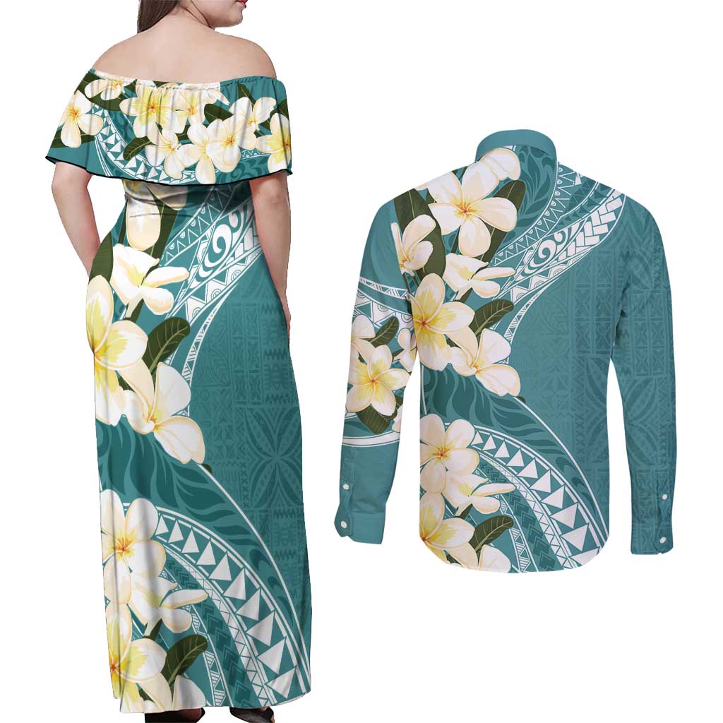 Aloha Hawaii Festive Couples Matching Off Shoulder Maxi Dress and Long Sleeve Button Shirt Frangipani Lace Classic - Teal