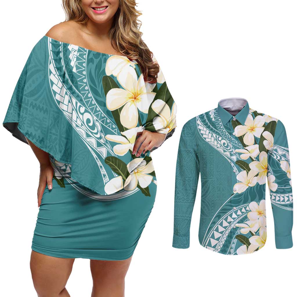 Aloha Hawaii Festive Couples Matching Off Shoulder Short Dress and Long Sleeve Button Shirt Frangipani Lace Classic - Teal