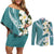 Aloha Hawaii Festive Couples Matching Off Shoulder Short Dress and Long Sleeve Button Shirt Frangipani Lace Classic - Teal