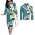 Aloha Hawaii Festive Couples Matching Off The Shoulder Long Sleeve Dress and Long Sleeve Button Shirt Frangipani Lace Classic - Teal