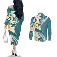 Aloha Hawaii Festive Couples Matching Off The Shoulder Long Sleeve Dress and Long Sleeve Button Shirt Frangipani Lace Classic - Teal