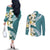 Aloha Hawaii Festive Couples Matching Off The Shoulder Long Sleeve Dress and Long Sleeve Button Shirt Frangipani Lace Classic - Teal