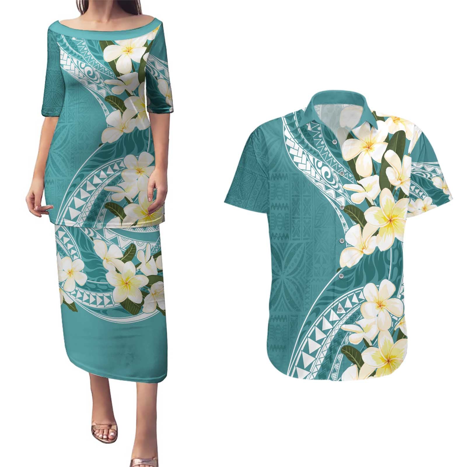 Aloha Hawaii Festive Couples Matching Puletasi and Hawaiian Shirt Frangipani Lace Classic - Teal