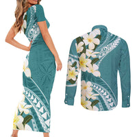 Aloha Hawaii Festive Couples Matching Short Sleeve Bodycon Dress and Long Sleeve Button Shirt Frangipani Lace Classic - Teal
